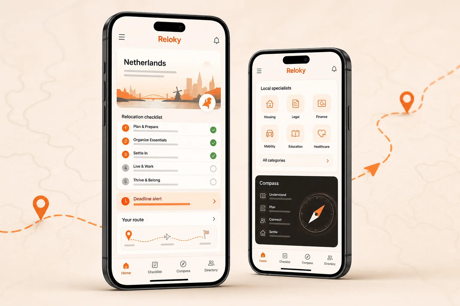 Concept of the future Reloky app showing a relocation checklist, deadline, route and local service categories