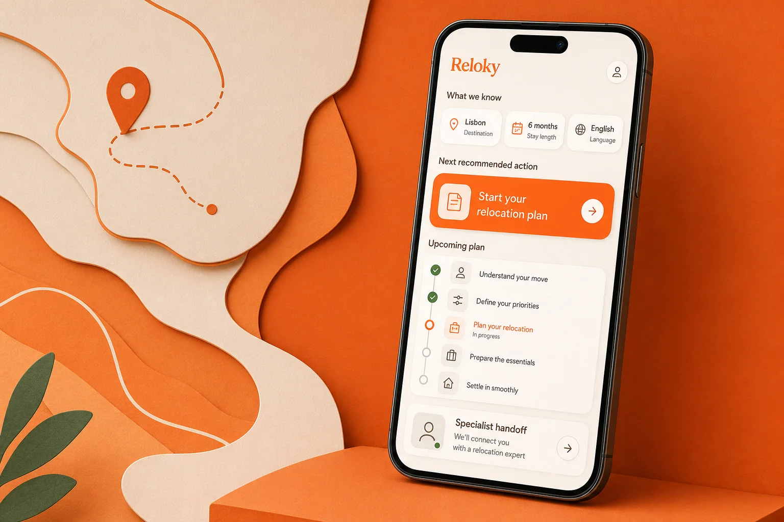 Concept of the future Reloky Compass app showing known details, a recommended action, a relocation timeline and specialist handoff